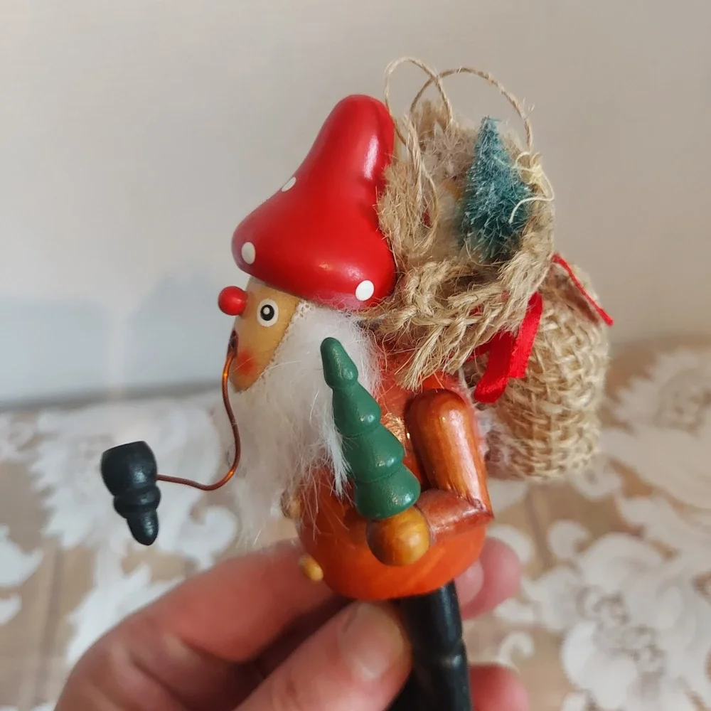 Vintage Wooden Incense Smoker Gnome Santa Figurine Red Mushroom Hat 6